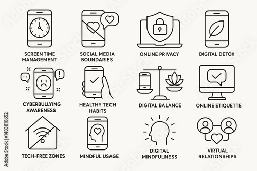 Icons highlighting digital balance and healthy technology habits