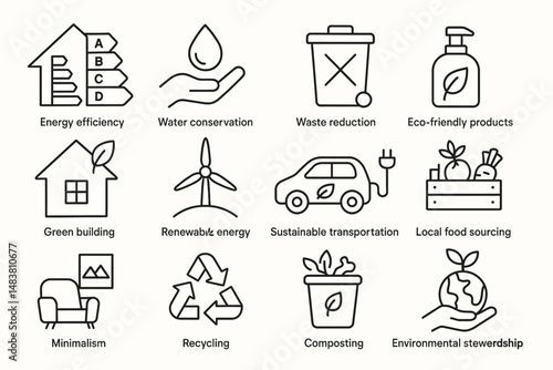 Sustainable practices icons: energy efficiency, conservation, recycling, renewable energy, eco-friendly design