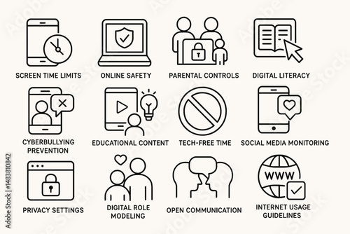 Parental controls and online safety icons for digital literacy and screen time management