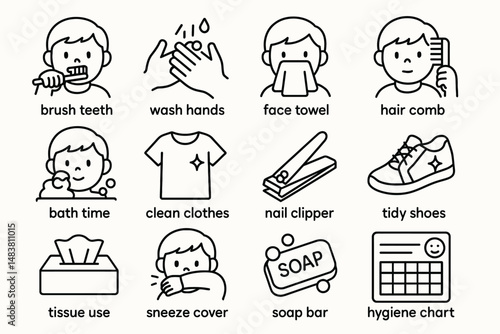 Daily hygiene routine icons: brushing, washing, grooming for kids