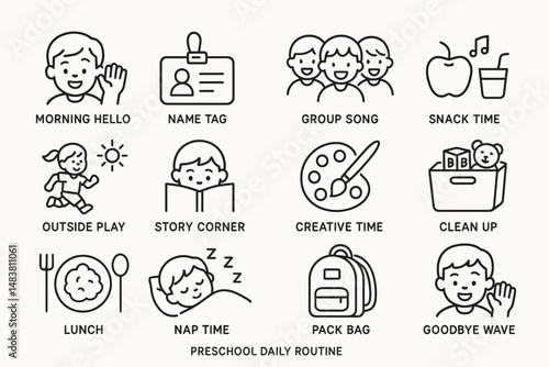 Preschool daily routine icons including activities and friendly child illustrations