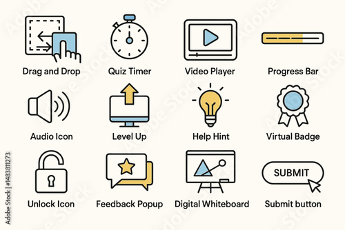 Interactive elements: drag drop, quiz, video, progress, audio, level, help, badge, unlock, feedback, whiteboard, submit