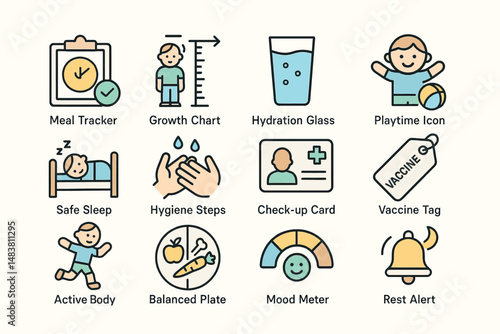 Child health icons: nutrition, growth, hygiene, exercise, wellness indicators