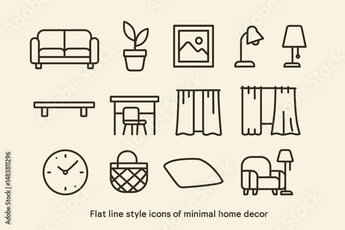 Minimal home decor icon set featuring sofa, plant, picture frame, and more