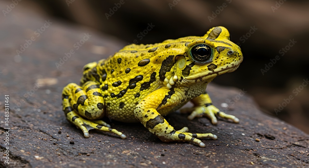 Fototapeta premium Vibrant Yellow and Black Toad on Dark Wood