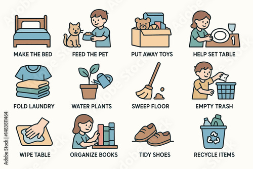 Children performing household chores in illustrated guide