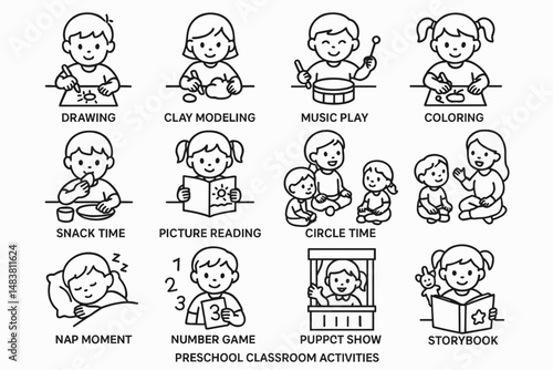 Preschool classroom activities: drawing, music, and storytime for children