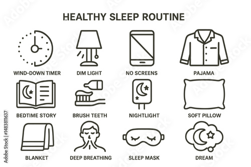 Healthy sleep routine tips: bedtime story, no screens, pajama, blanket, sleep mask