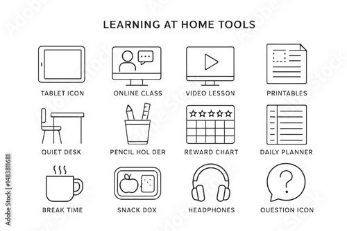 Learning at home tools: quiet desk, online class, video lesson, snack box, headphones