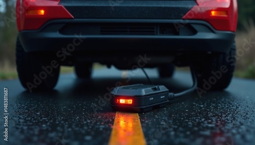 High-angle view of a GPS tracker attached to a vehicle's undercarriage , undercarriage, monitoring system, map