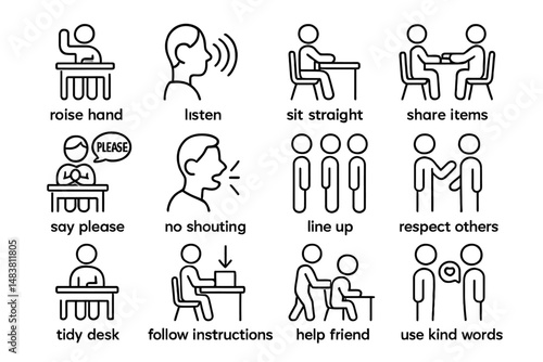 Set of classroom etiquette icons for teaching good behavior to students