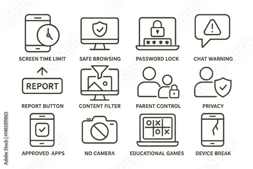 Digital safety icons: screen time, password lock, chat warning, parent control