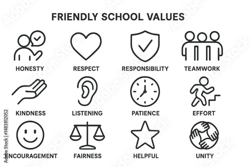 Friendly school values icons: honesty, respect, responsibility, teamwork, kindness