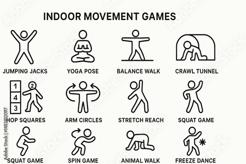 Illustrated indoor movement games for kids: jumping jacks, yoga, balance, crawl, and more