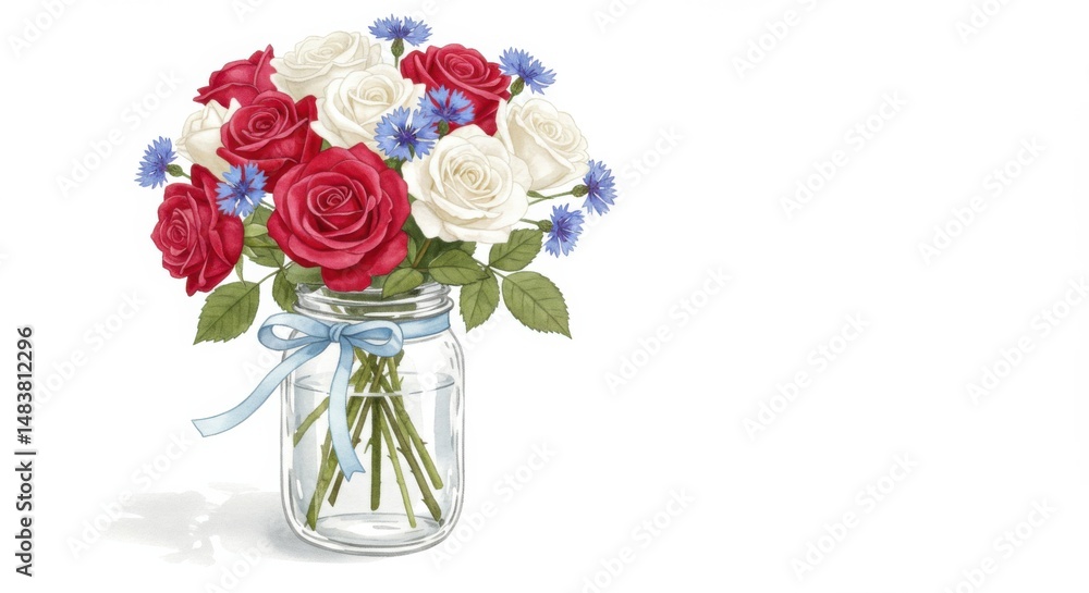 Obraz premium Elegant Red White and Blue Rose Bouquet in a Mason Jar
