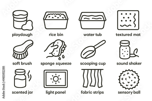 Sensory play items: dough, rice, water, texture, brush, sponge, scoop, sound, scent, light, fabric, ball