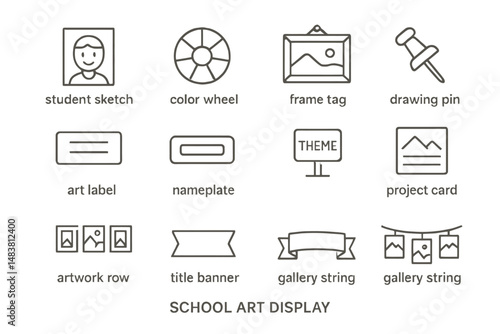 School art display elements: icons of student sketches, color wheels, and art labels