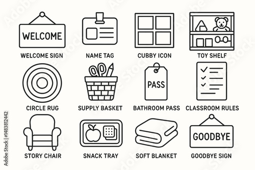 Classroom essentials icons: welcome sign, toy shelf, bathroom pass, more