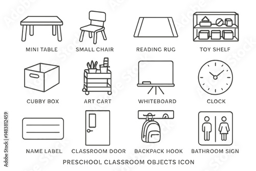 Preschool classroom objects icons: tables, chairs, rugs, shelves, and more