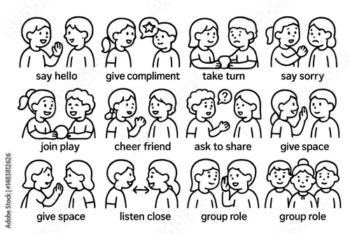 Children social skills: greetings, sharing, and cooperation illustrations