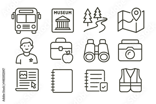 Travel adventure icons: transportation, navigation, recreation, and planning symbols