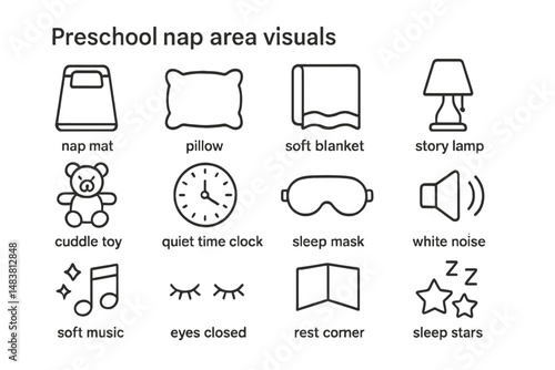 Preschool nap area visuals: mat, pillow, blanket, lamp, toy, clock, mask, music, stars