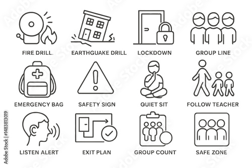 Emergency preparedness icons for fire, earthquake, and safety protocols