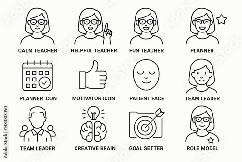 Teacher traits and icons: calm, helpful, fun, planner, motivator, leader