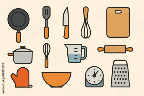Collection of kitchen utensils: frying pan, spatula, knife, whisk, cutting board, pot, measuring cup, rolling pin, oven mitt, bowl, timer, grater