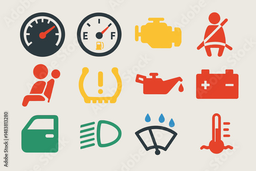Colorful vehicle dashboard icons: speedometer, fuel, engine, seatbelt, child seat, tire, oil, battery, door, headlights, wipers, temperature
