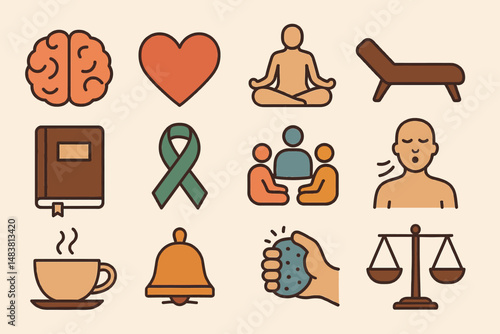 Mindfulness icons set: meditation, yoga, wellness, and balance symbols