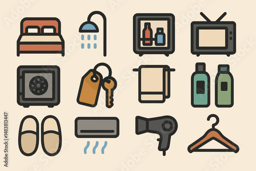 Hotel amenities icons: bed, shower, tv, safe, key, towel, slippers, air conditioner, hair dryer, hanger