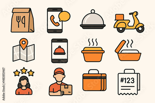 Food delivery icons set with phone apps, delivery person, map, and takeout containers