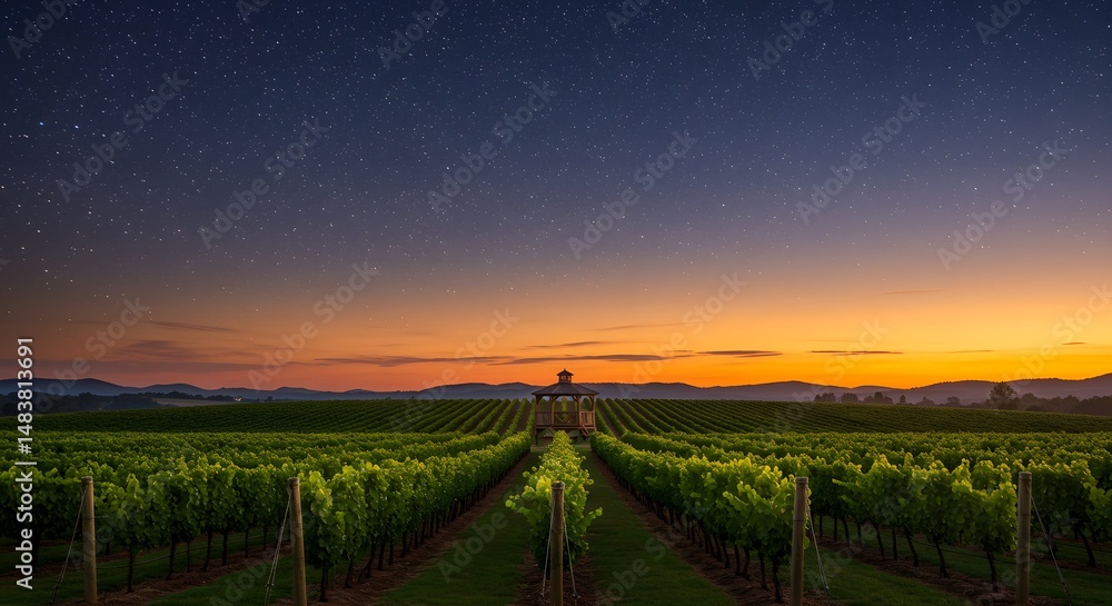 Naklejka premium Starry Night over Vineyard Stunning Sunset Landscape Photography