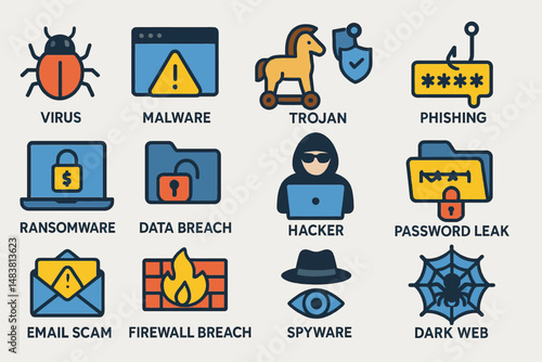 Cybersecurity icons: virus, malware, trojan, phishing, hacker, data breach, ransomware, spyware