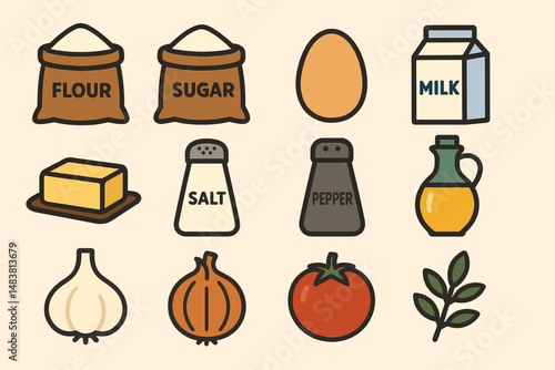 Essential baking ingredients: flour, sugar, egg, milk, and seasonings illustrated