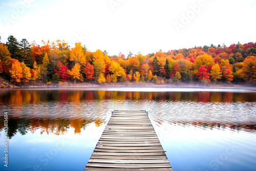 Serene Autumnal Lake Scene with Wooden Dock Extending into Calm Reflective Waters