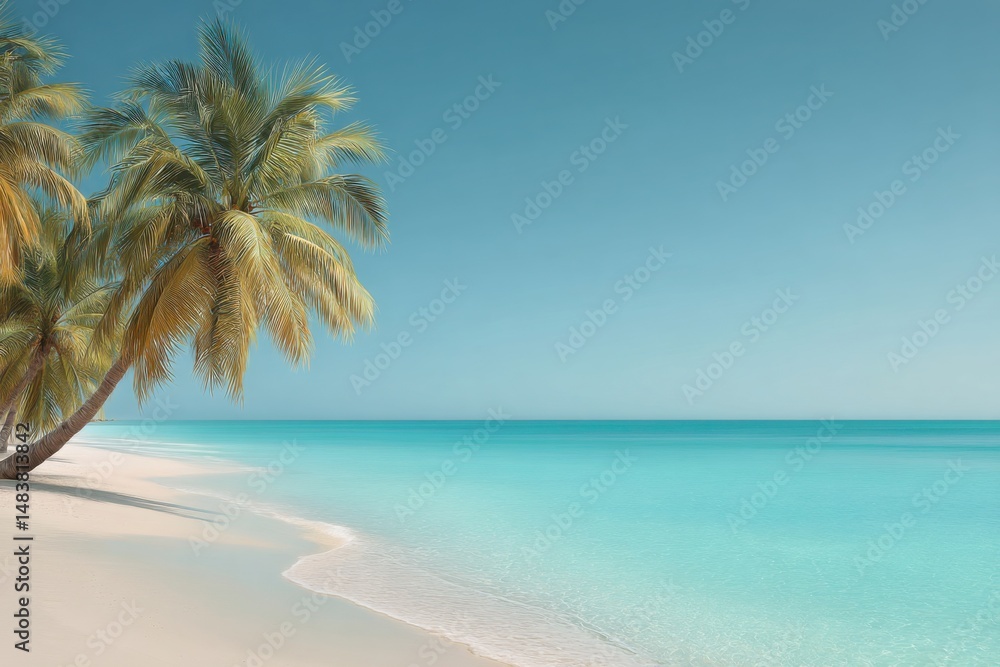 Fototapeta premium Serene tropical beach with palm trees and calm turquoise waters during a sunny day