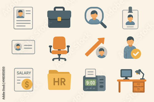 Office essentials icons: personnel, workspace, and hr elements