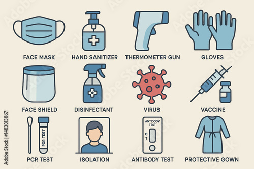 Health protection icons: face mask, sanitizer, thermometer gun, gloves, and vaccine