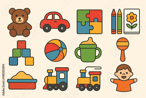 Colorful children's toys illustration with bear car blocks and smiling child
