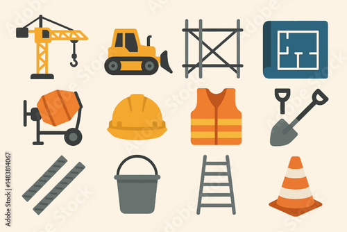 Set of construction tools and equipment icons including crane, bulldozer, and hard hat