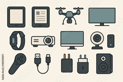 Modern electronic gadgets: drone, monitors, tablets, speakers, chargers, controller
