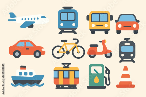 Colorful transportation icons featuring vehicles and traffic elements