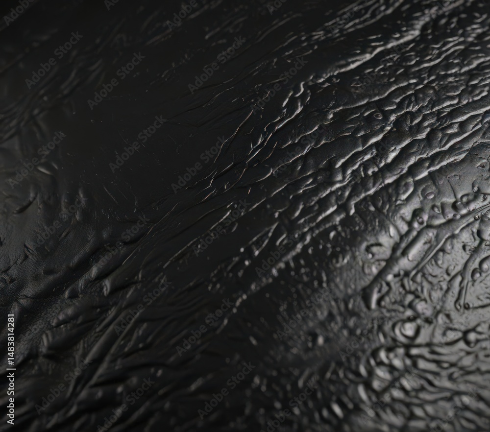 Fototapeta premium Deep black leather, intricate grain, glossy sheen , backdrop, black background