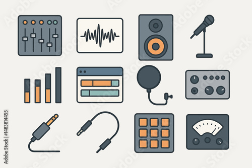 Audio equipment icons: mixer, microphone, speaker, cables, and sound wave