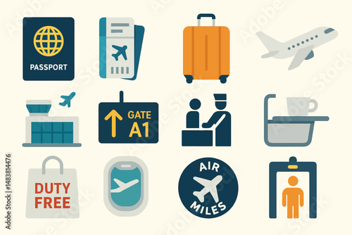 Travel essentials icons: passport, boarding pass, luggage, airplane, and airport elements