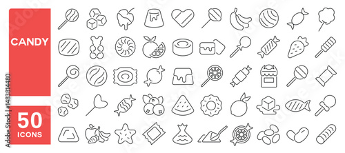 Set of 50 line icons related to candy, lollipop, sweets, sugar, caramel, jelly, lolly, Editable stroke. Vector illustration