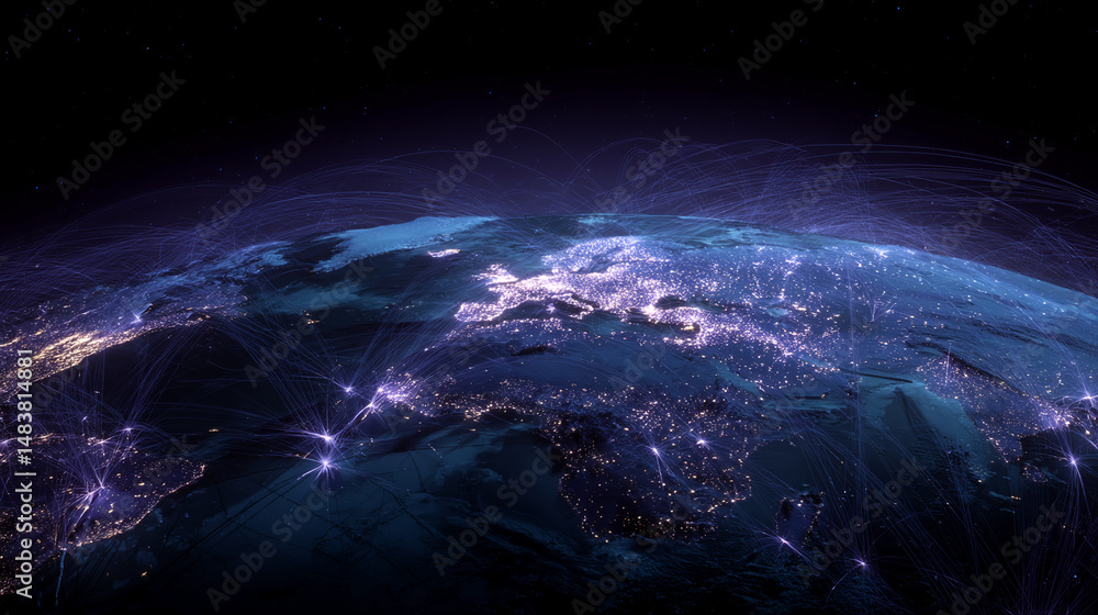 Obraz premium Night view of Earth, showcasing illuminated cities and glowing lines symbolizing global connections, representing communication, networking and globalization