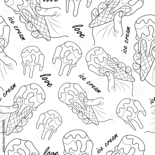 seamless pattern with an icon of a ball of melting ice cream in a waffle cone held in a hand in line art style, for packaging or textile